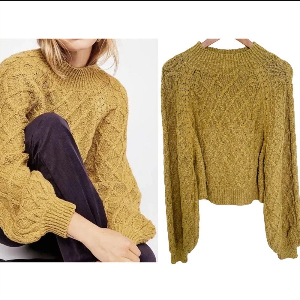 Free People Parfait Pullover Sweater Large Diamond Pattern Dolman Sleeve Gold